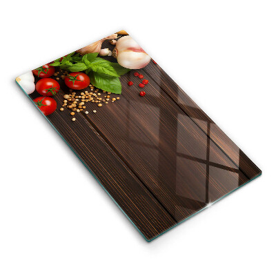 Sklenená doska na krájanie Paradajky, bylinky a korenie na dreve