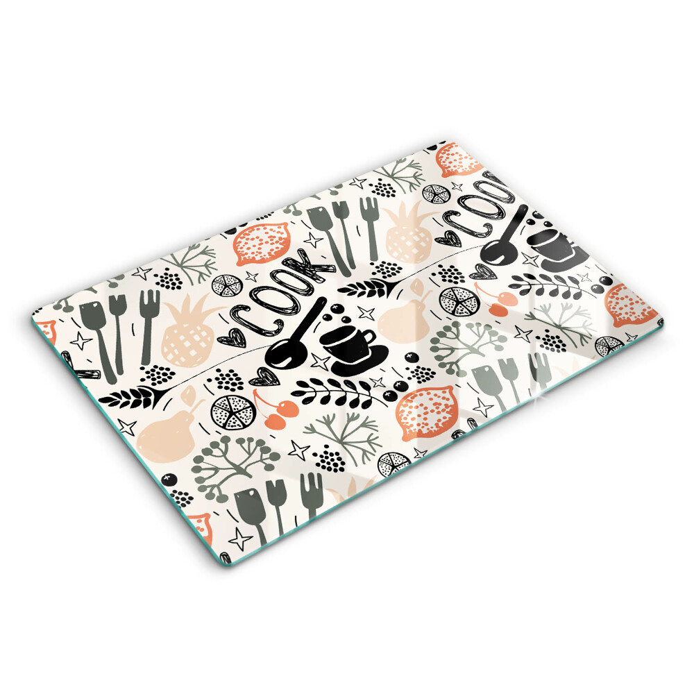 Doska na krájanie 80x52 cm Kuchynské nástroje a ovocné motívy