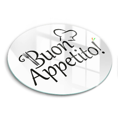 Sklenená doska na krájanie okrúhla Kuchárska čiapka a nápis Buon Appetito