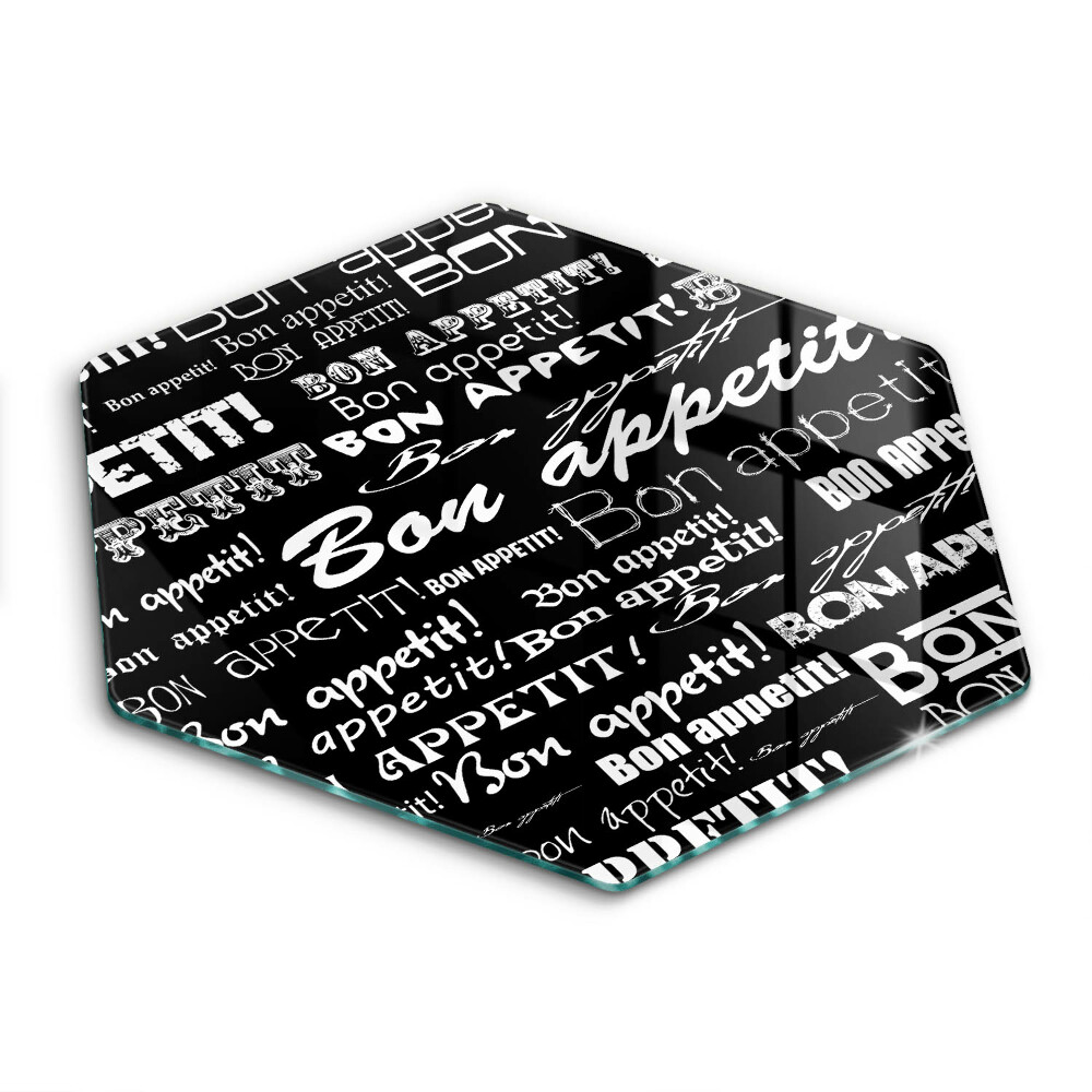 Sklenená doska na krájanie šesťhranná Bon Appétit text pattern 