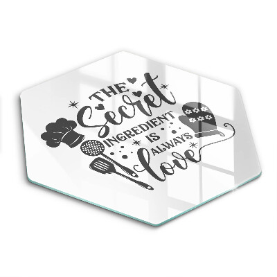 Sklenená doska na krájanie šesťhranná Tajný recept lásky v kuchyni 