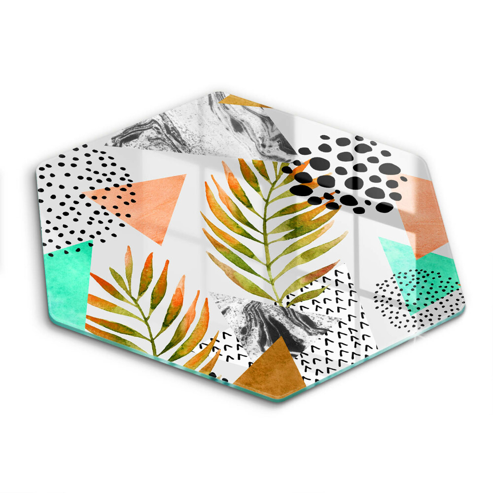 Sklenená doska na krájanie šesťhranná Tropické geometrické listy a tvary 