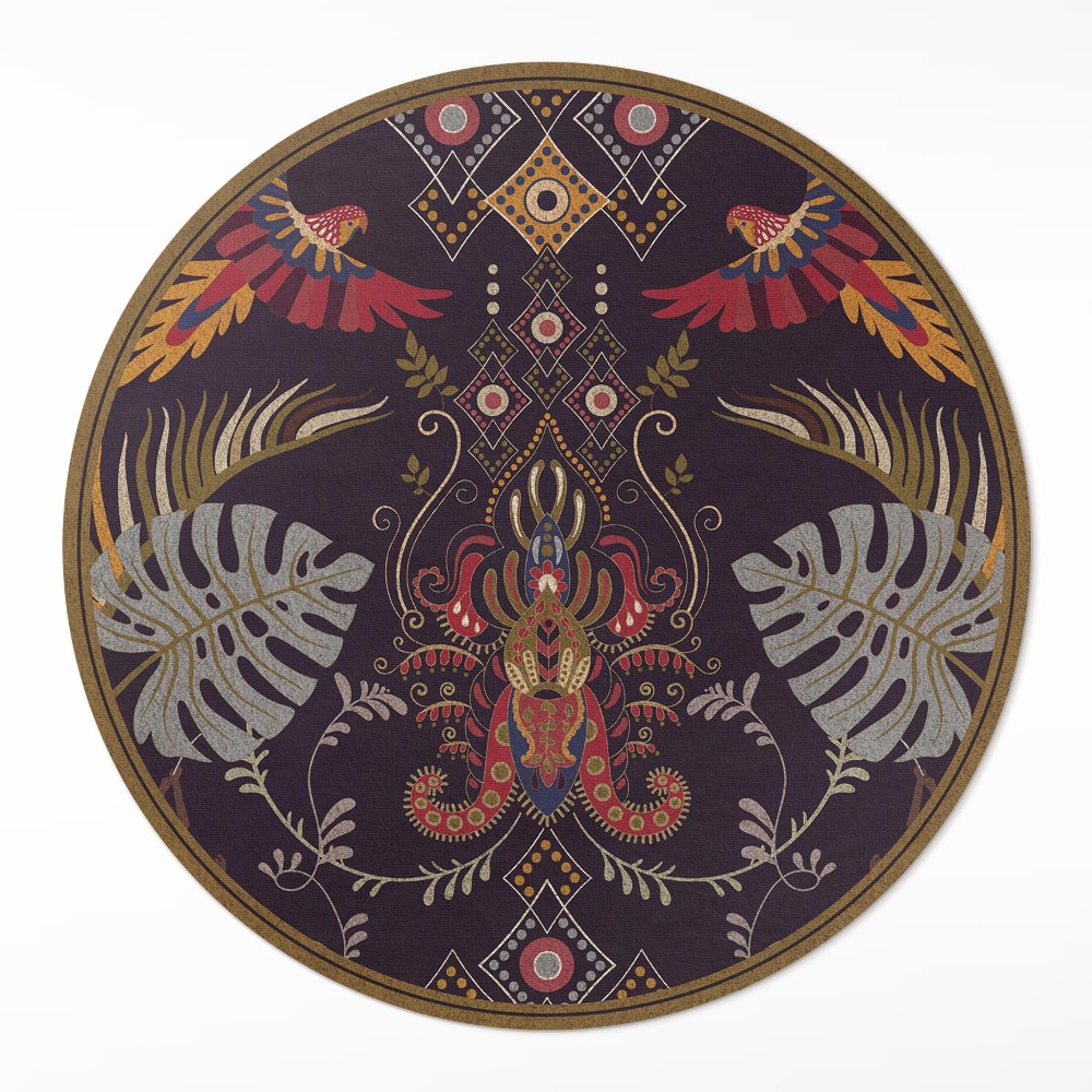 Okrúhly vinylový koberec Papagáje a listy monstery