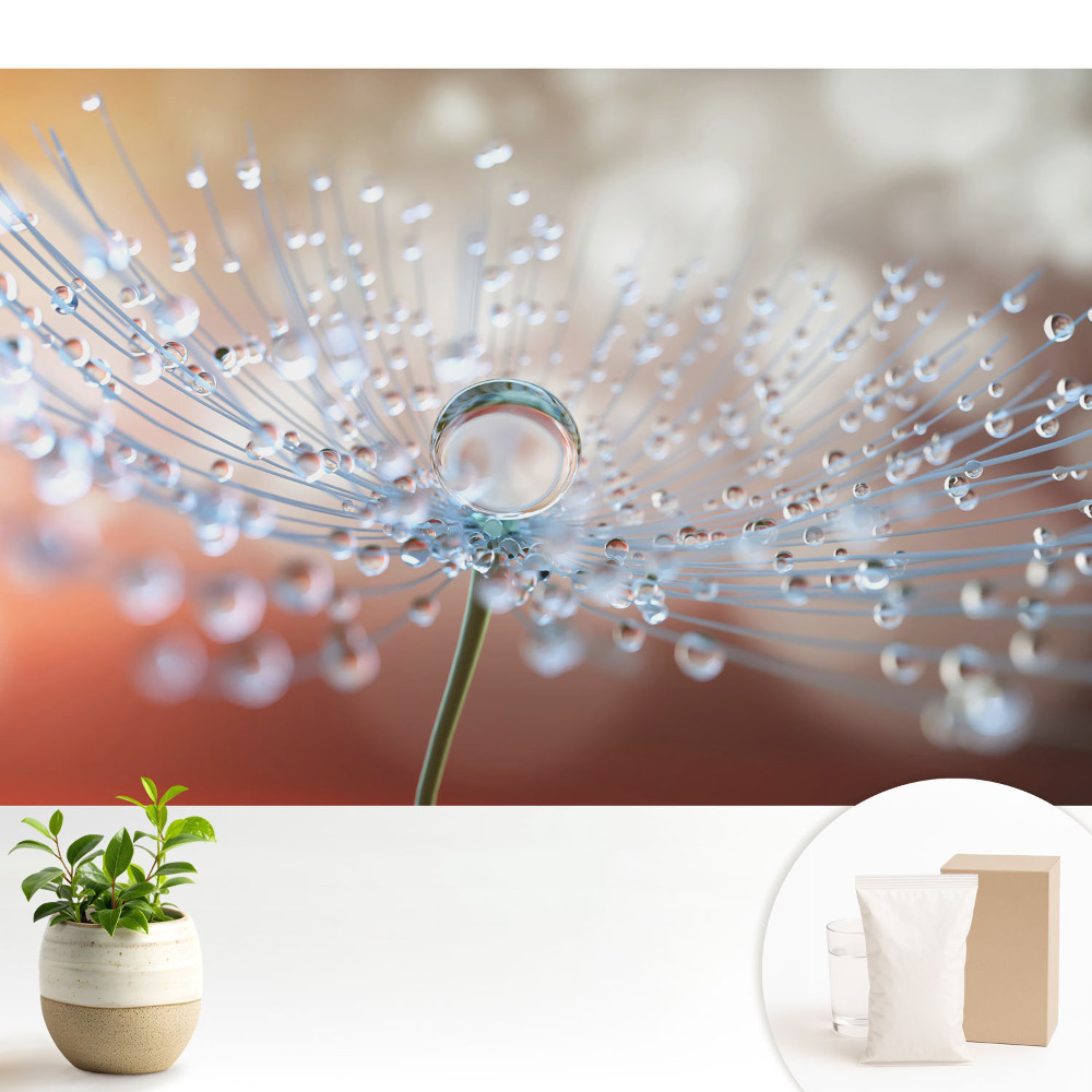 Tapeta Priehľadná kvapka na vláknach púpavy
