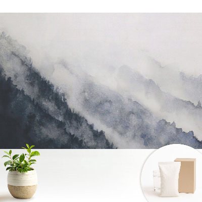 Tapeta do obývačky s akvarelovým motívom hôr a jemnou hmlou v odtieňoch harmónie