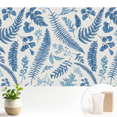 Tapeta s motívom modrých listov na bielom pozadí