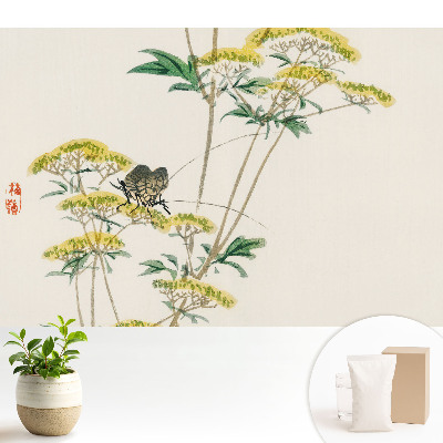 Tapeta s jemným kvetinovým vzorom a motívom hmyzu, ktorá vyjadruje harmóniu prírody