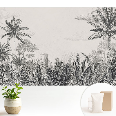 Tapeta na stenu s motívom exotických paliem a tajomnej budovy