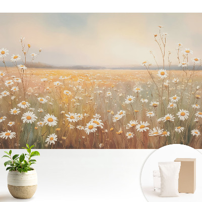 Tapeta do obývačky s motívom lúky sedmokrások v pastelových odtieňoch