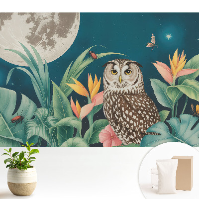 Tapeta na stenu s nočnou krajinou so sovou a mesiacom