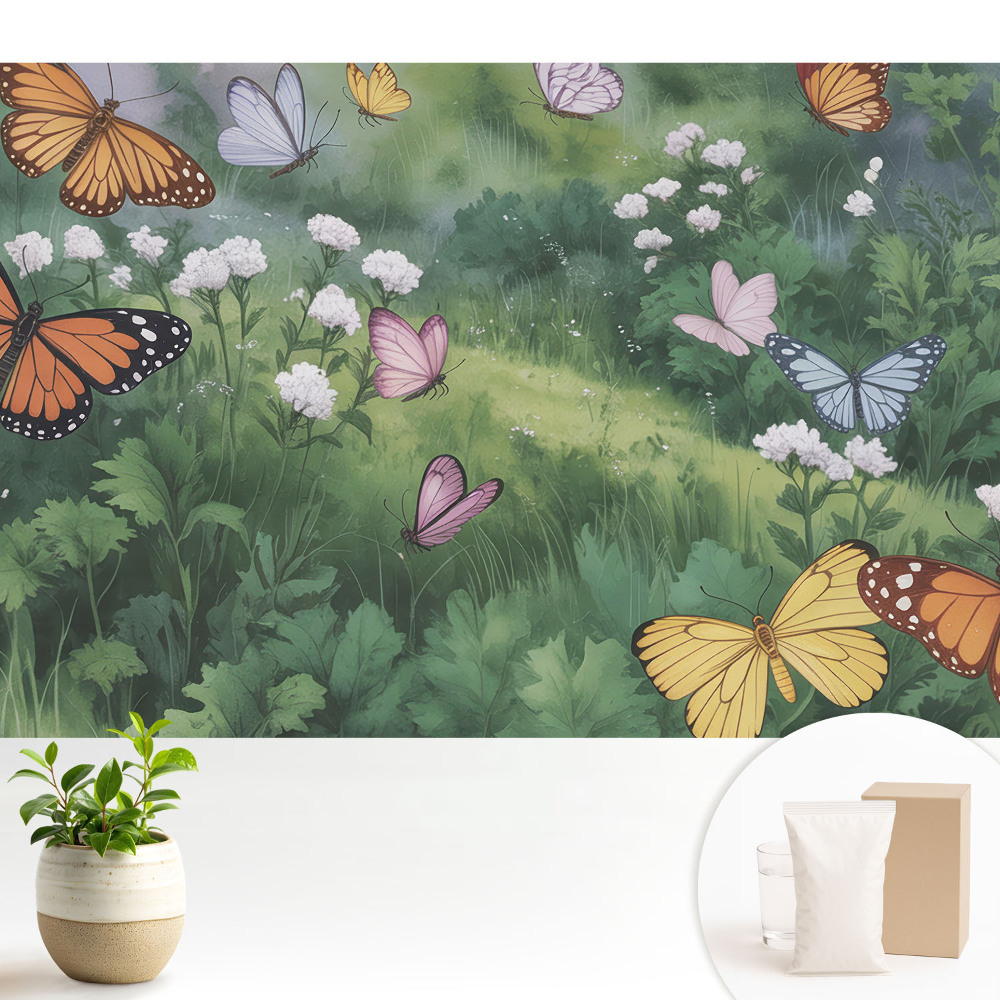 Tapeta Farebné motýle nad lúkou plnou kvetov