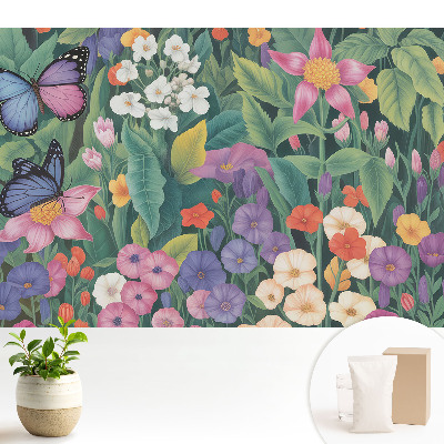 Tapeta do obývačky s motívom farebnej lúky plnej kvetov a motýľov