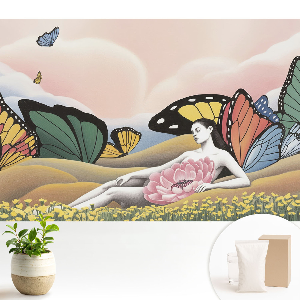 Tapeta do obývačky žena s farebnými motýľmi na lúke