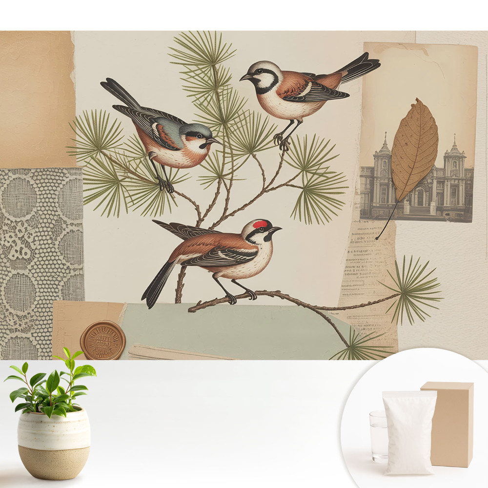 Luxusná tapeta Vtáky na konári, vinobranie, koláž