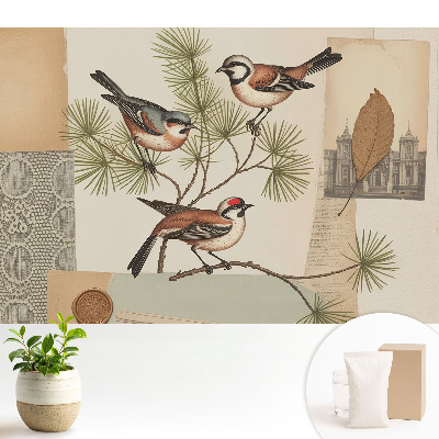 Luxusná tapeta Vtáky na konári, vinobranie, koláž