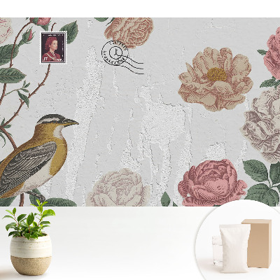 Tapeta Kvety a vták na pozadí steny