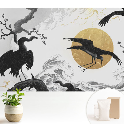 Tapeta na stenu s minimalistickým motívom vtákov a vĺn s kruhom