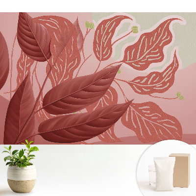 Tapeta s motívom červených listov na ružovom pozadí