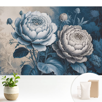 Tapeta s kvetinovým vzorom v odtieňoch modrej a sivej