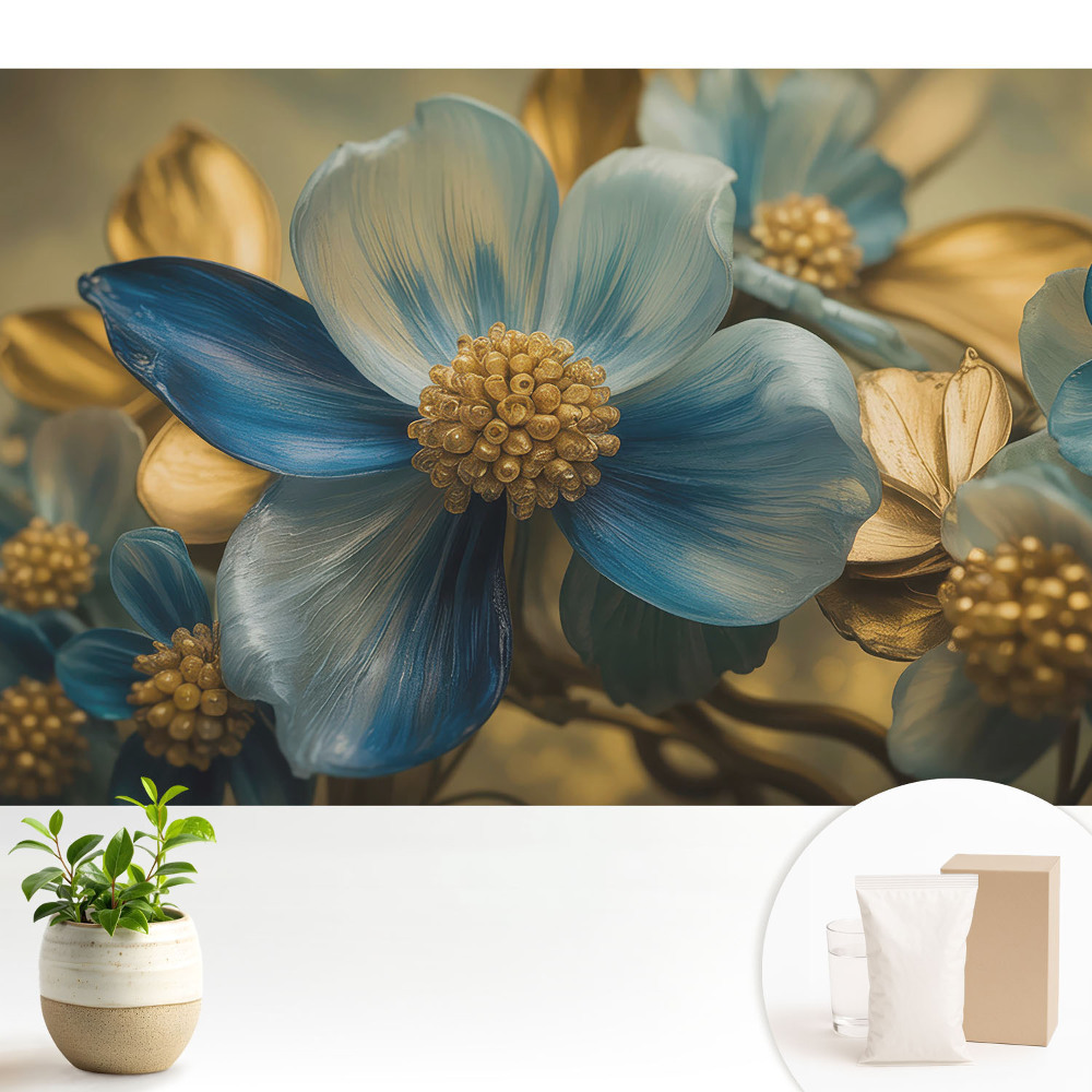 Tapeta do obývačky Modré kvety so žltým stredom