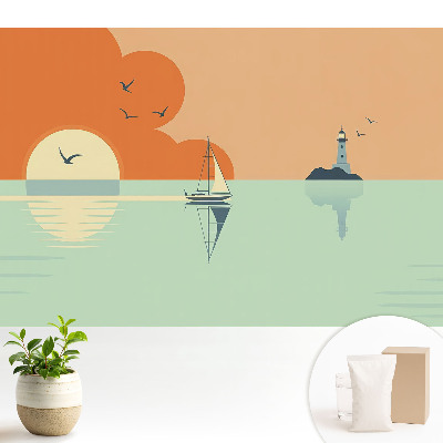 Luxusná tapeta s motívom plachetnice a majáka na pozadí východu slnka