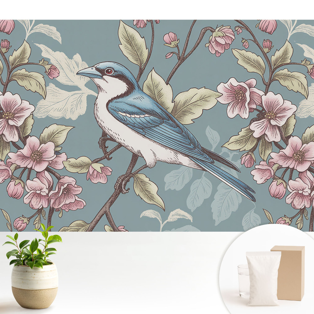 Tapeta do obývačky Vták a kvitnúce čerešňové konáre