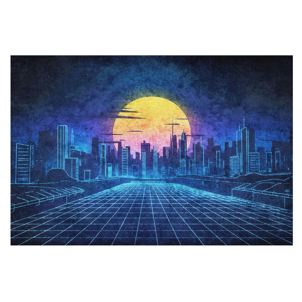Tapeta do obývačky s motívom západu slnka vo futuristickom meste
