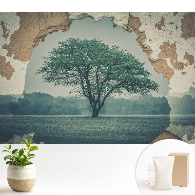 Tapeta do obývačky s nostalgickým motívom stromu na pozadí starej steny