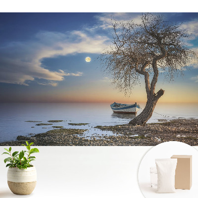 Luxusná tapeta s motívom romantického západu slnka s loďkou a stromom