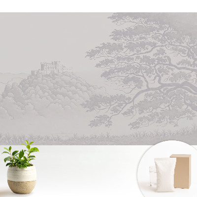 Tapeta do obývačky s motívom krajiny a hradu medzi stromami