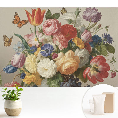 Tapeta do obývačky s farebnou kyticou kvetov a motýľmi