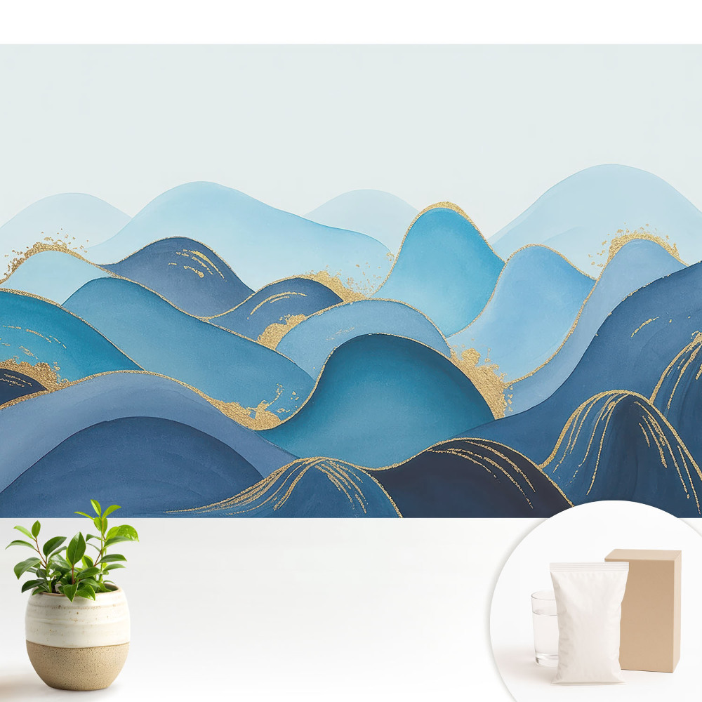 Tapeta do obývačky Modré vlny so žltým akcentom