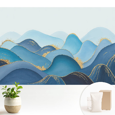 Tapeta do obývačky s modrým vzorom vĺn a žltým akcentom