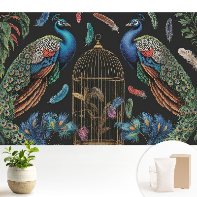 Tapeta s motívom páva a vintage klietky vhodná do obývačky