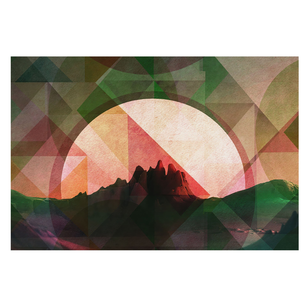 Tapeta do obývačky s motívom geometrických hôr pri západe slnka