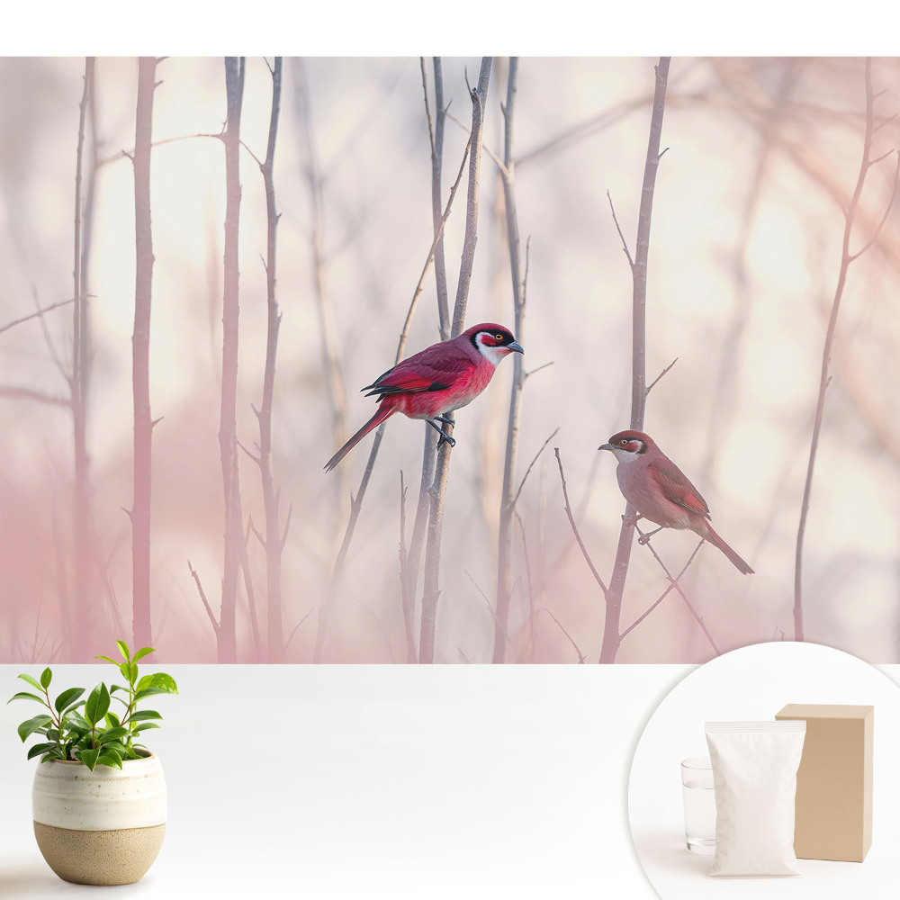 Tapeta do obývačky Roztomilé vtáky v ružovom lese