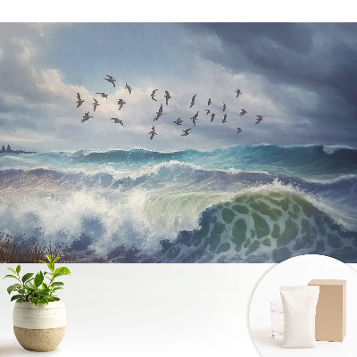 Tapeta do obývačky s motívom skupiny vtákov na pozadí morských vôd