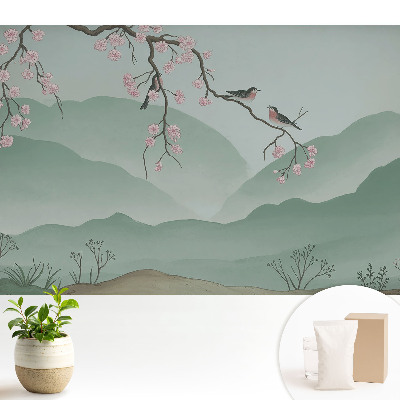 Tapeta na stenu s motívom kvetov a vtákov na pozadí kopcov
