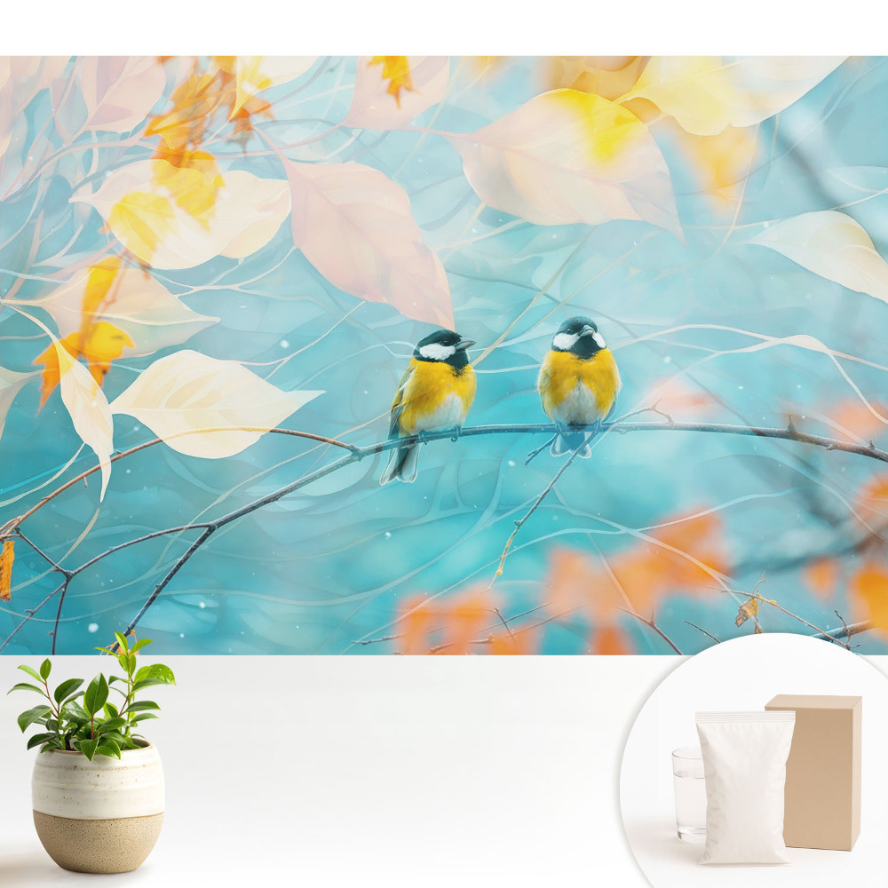 Tapeta Vtáky na konári s listnatými akcentmi.