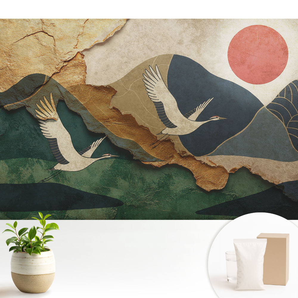 Tapeta Žeriavy a malebné krajiny červeného slnka