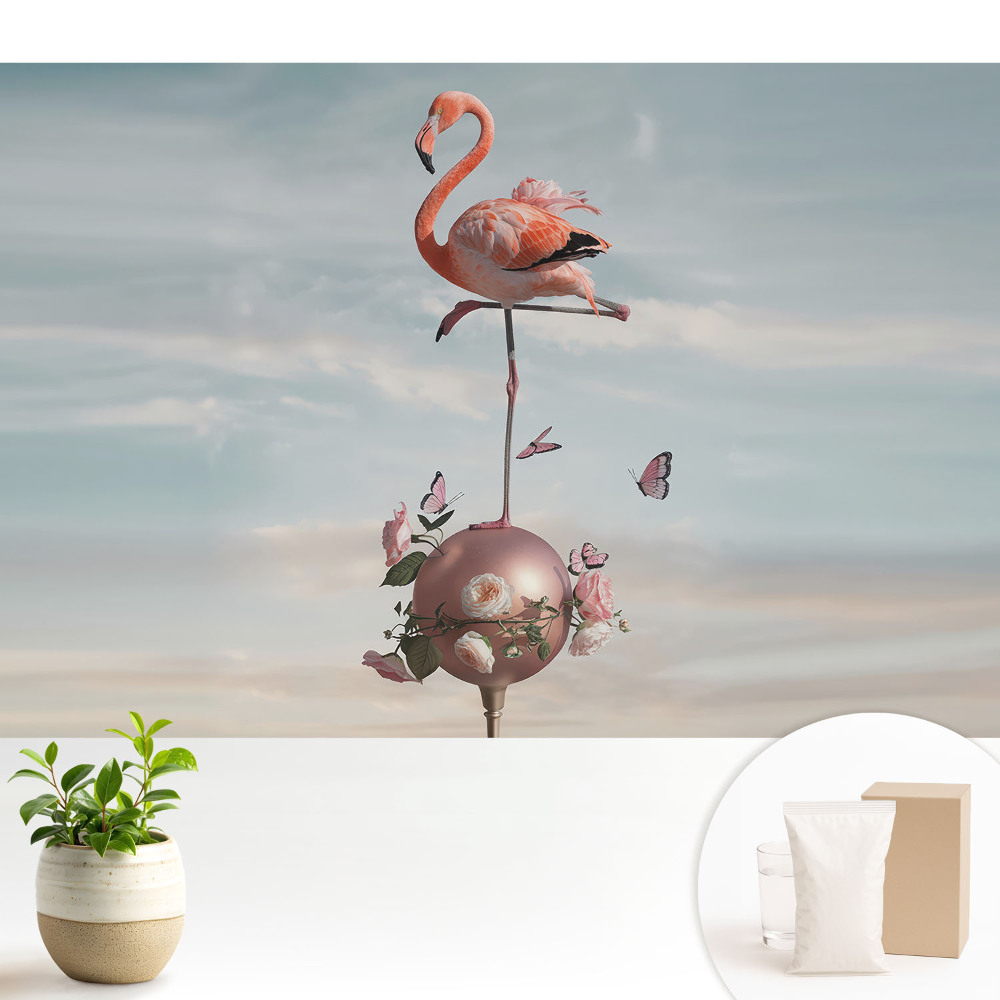 Tapeta na stenu Plameniak s kvetmi a motýľmi