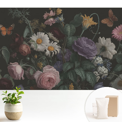 Tapeta na stenu s motívom kvetinovej kytice a motýľov na tmavom pozadí