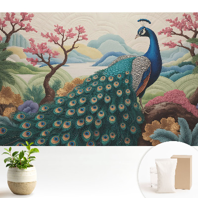 Tapeta s motívom exotického páva v pastelovej krajine