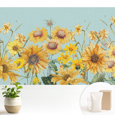 Luxusná tapeta s rustikálnymi slnečnicami a kvetmi na modrom podklade