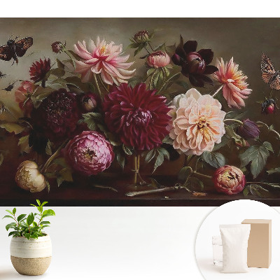 Tapeta do obývačky s motívom kvetov a motýľov v klasickej kytici