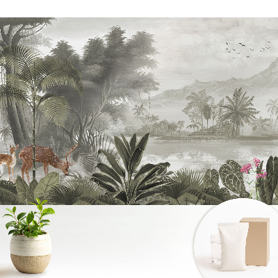 Tapeta do obývačky s motívom exotickej lesnej krajiny a jeleňmi