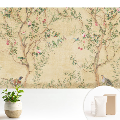 Luxusná tapeta s motívom elegantného stromu s kvetmi a vtákmi