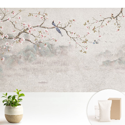 Tapeta do obývačky s jemným motívom kvetov a vtákov na horskom pozadí