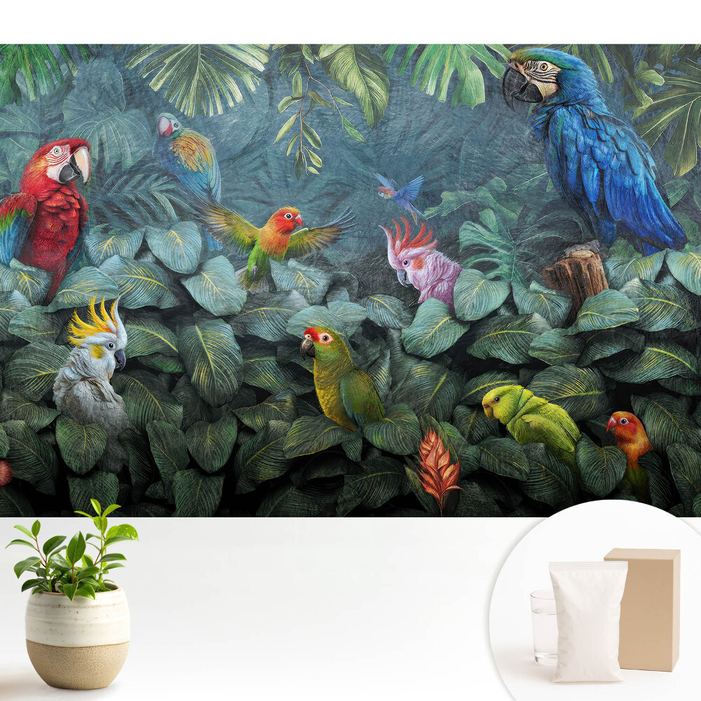 Tapeta na stenu Tropické papagáje a listy