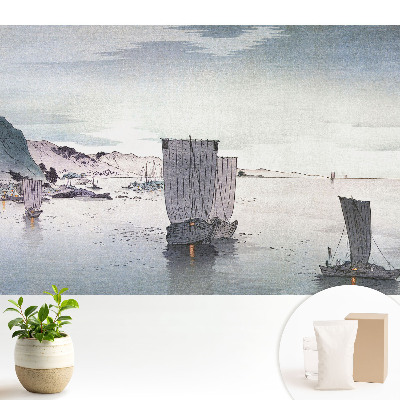 Tapeta do obývačky s motívom plachetníc na pokojnej vode medzi kopcami